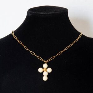 COLLAR ACERO Y CRUZ BEIGE